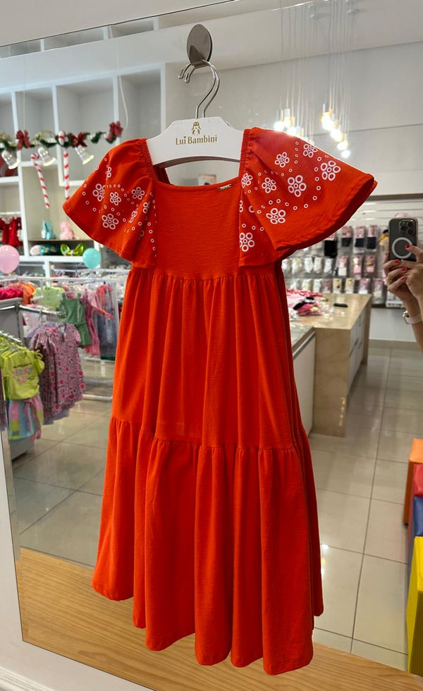 VESTIDO MANGA CURTA MIDI EM MALHA FLAMÊ CÍRCULOS FLORAIS MENINA FAKINI