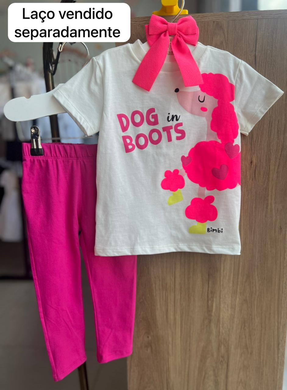 CONJUNTO BLUSA MANGA CURTA CACHORRO DOG IN BOOTS E CALÇA LEGGING MENINA BIMBI - OFF/PINK