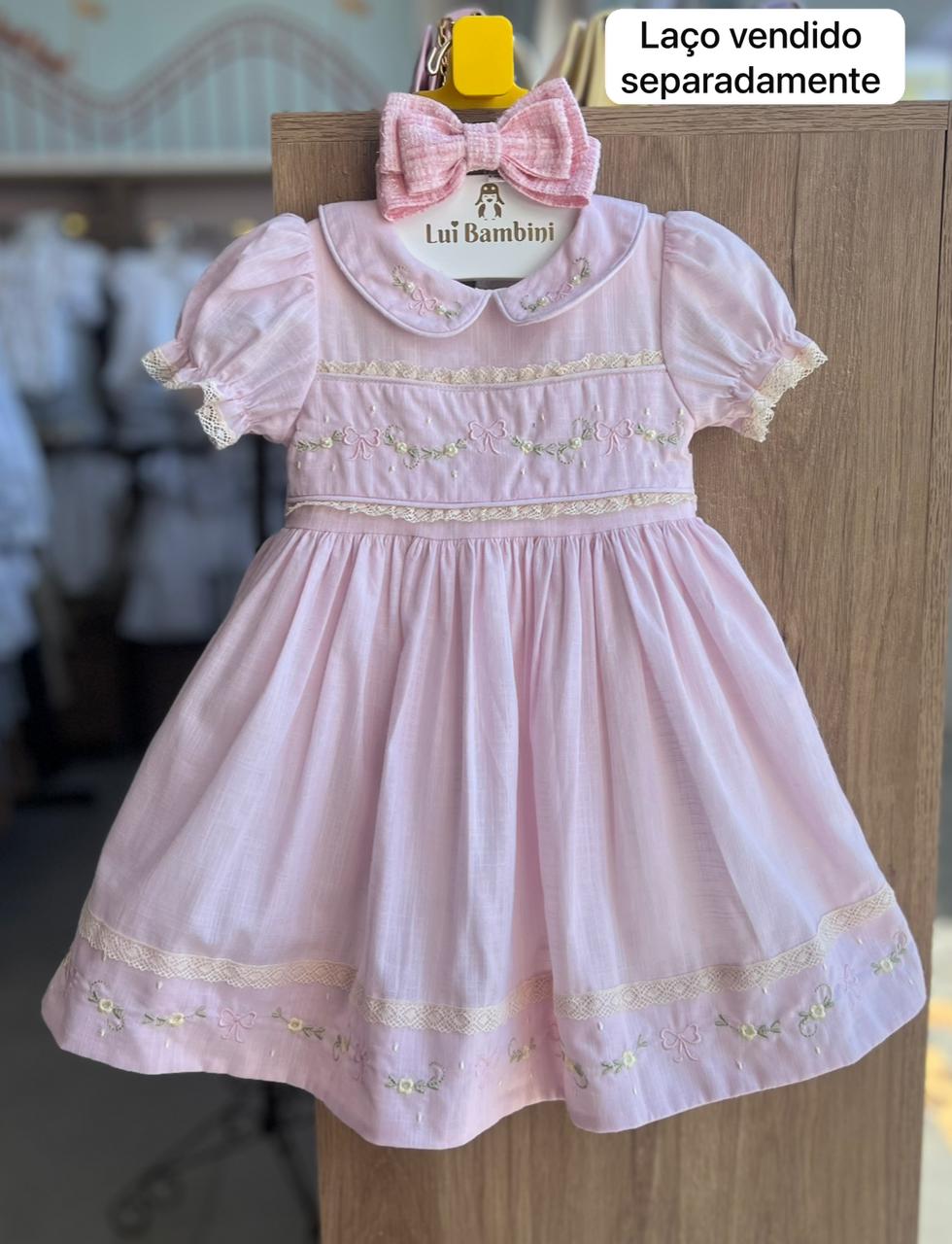 VESTIDO MANGA CURTA BORDADO PÉROLAS LAÇO BABADO RENDA JARDIM MENINA BARBARA KIDS - ROSA CLARO