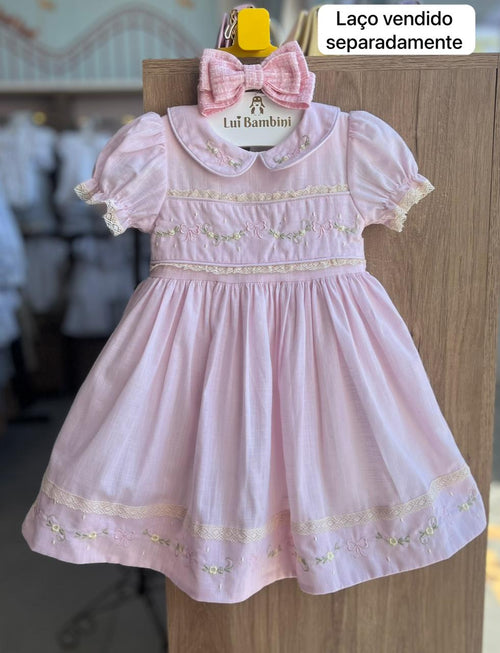 VESTIDO MANGA CURTA BORDADO PÉROLAS LAÇO BABADO RENDA JARDIM MENINA BARBARA KIDS - ROSA CLARO