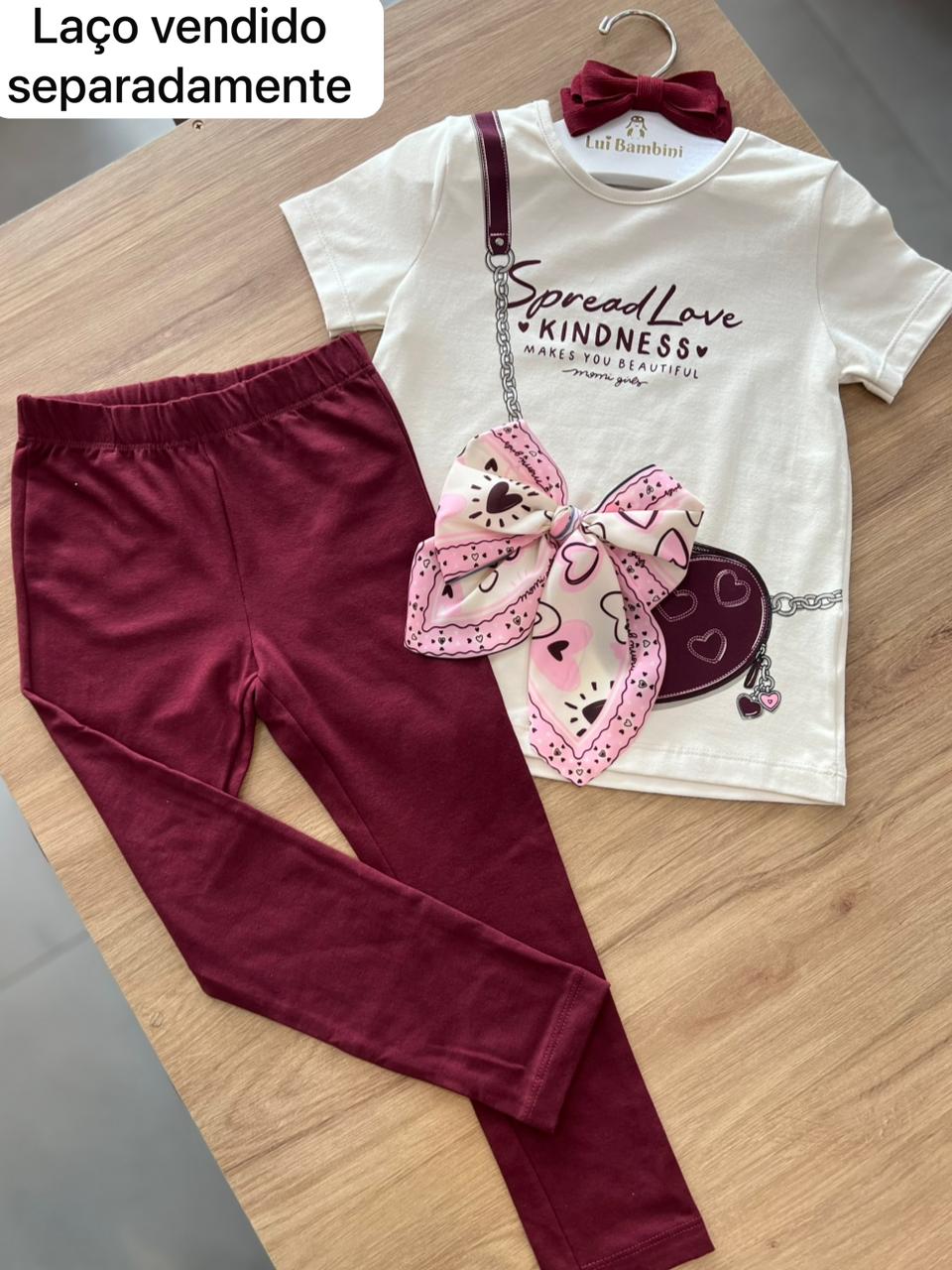 CONJUNTO BLUSA MANGA CURTA SPREAD LOVE KINDNESS E CALÇA LEGGING MENINA MOMI - BEGE/VINHO