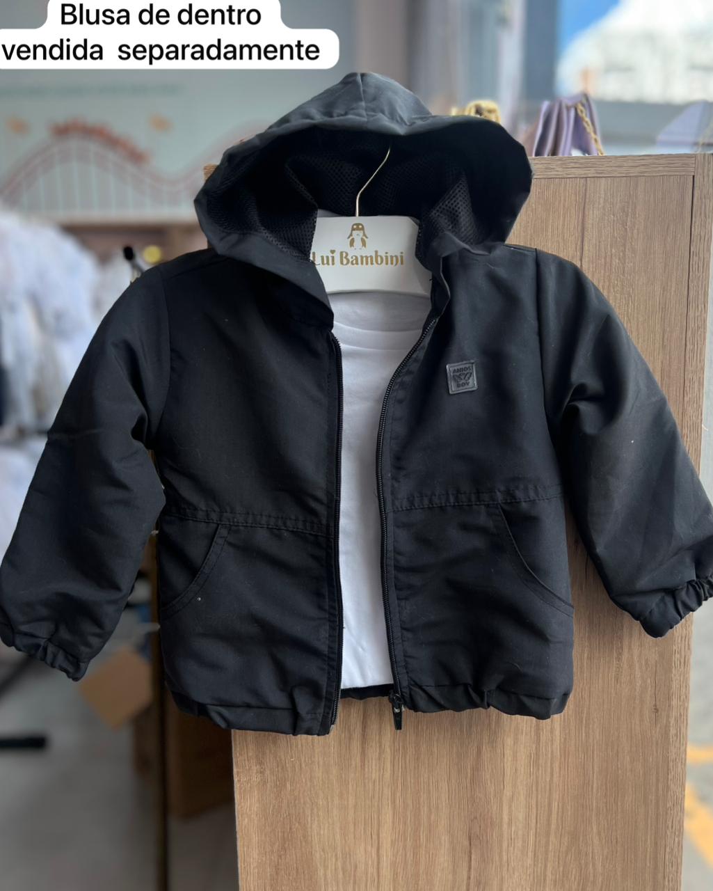 JAQUETA MANGA LONGA CORTA VENTO COM CAPUZ MINIMALISTA ZÍPER MENINO ANJOS BABY - PRETO