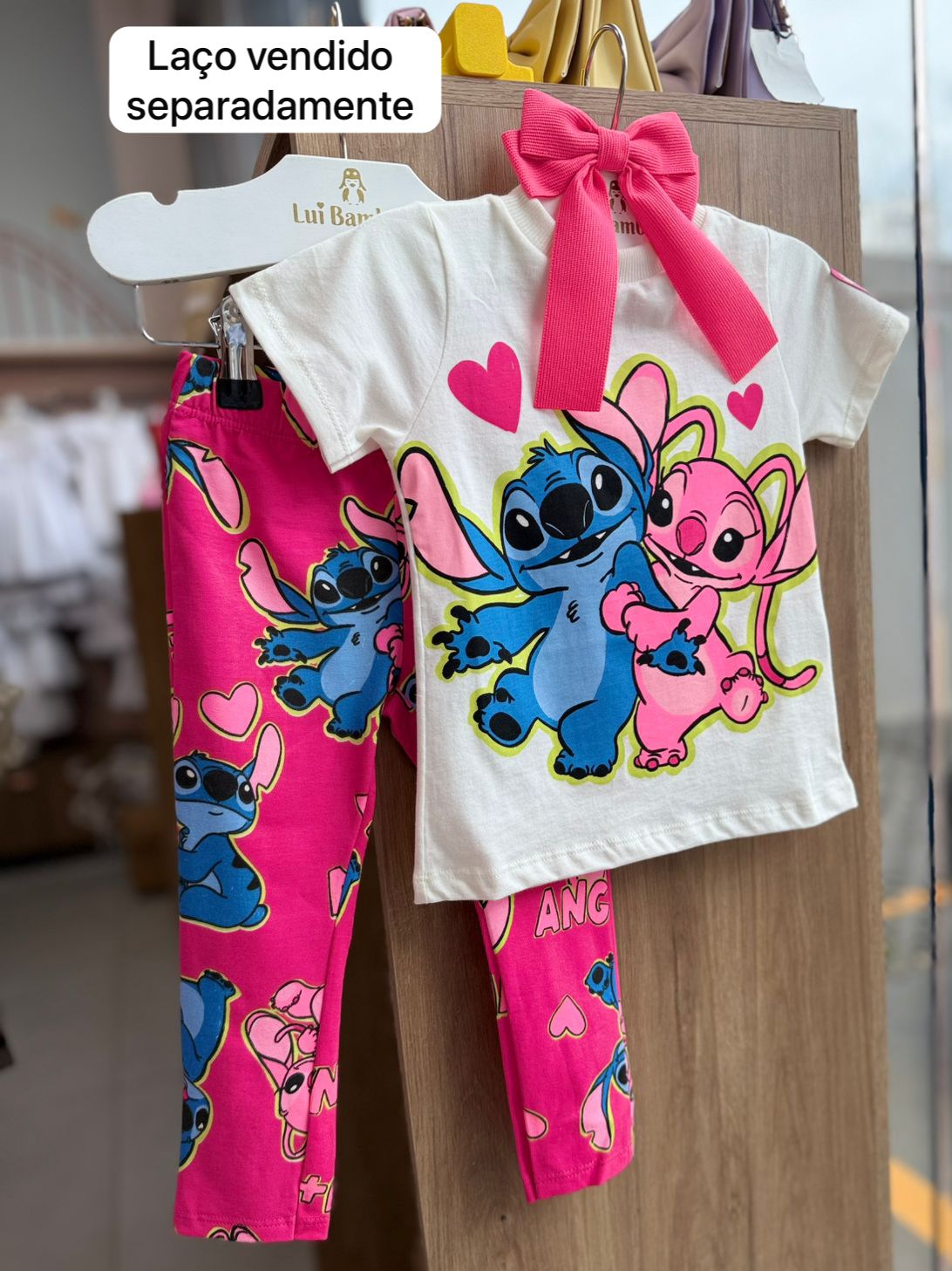 CONJUNTO BLUSA MANGA CURTA STITCH E ANGEL LOVE E CALÇA LEGGING MENINA BIMBI - OFF/ROSA