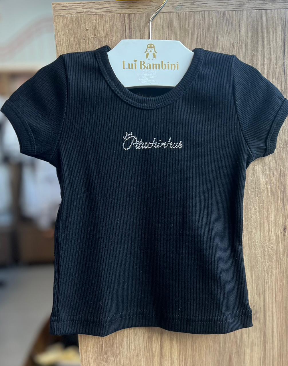 BLUSA MANGA CURTA RIBANA CANELADO NOMENCLATURA STRASS MENINA PITUCHINHUS - PRETO