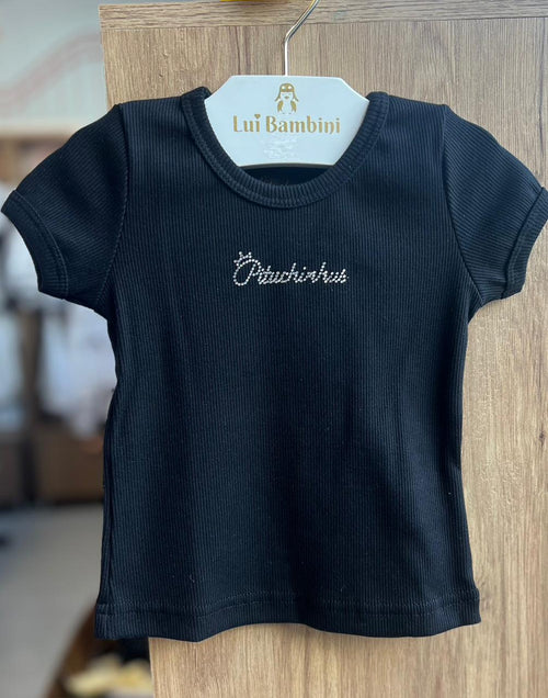 BLUSA MANGA CURTA RIBANA CANELADO NOMENCLATURA STRASS MENINA PITUCHINHUS - PRETO