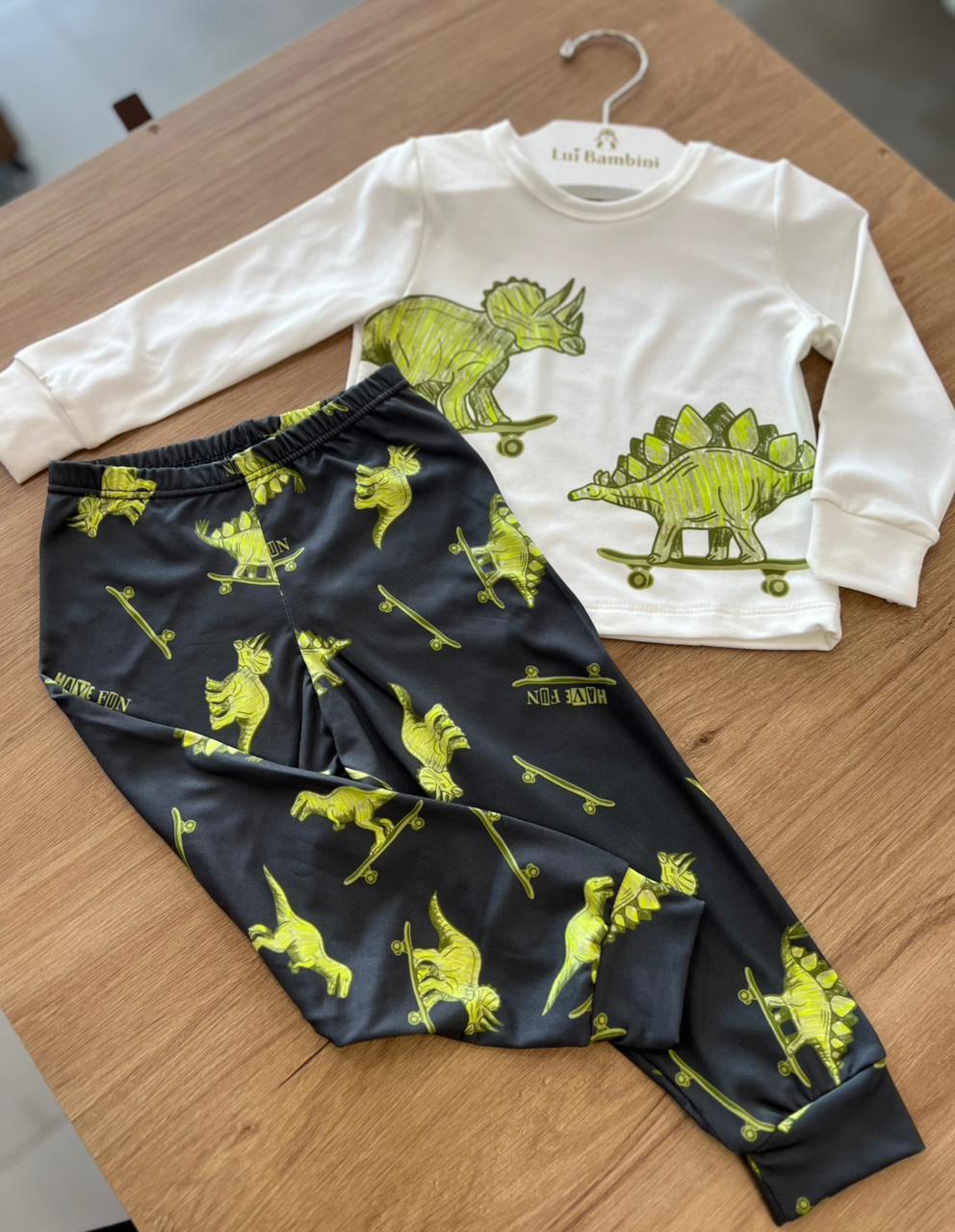 CONJUNTO PIJAMA MANGA LONGA DINO DINOSSAURO SKATE TÉRMICO E CALÇA MENINO HAVE FUN - OFF/CINZA