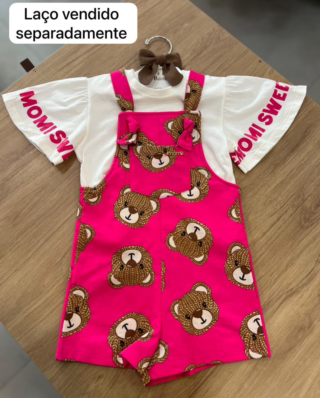 CONJUNTO BLUSA MANGA CURTA BABADO E JARDINEIRA ALÇA URSO MENINA MOMI - OFF/ROSA
