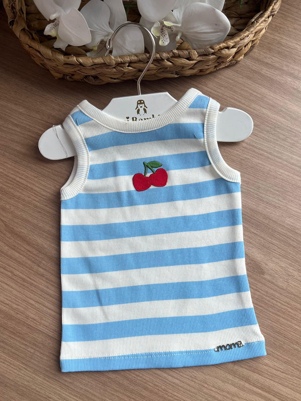 BLUSA REGATA LISTRADA CEREJA BORDADA COM PINGENTE METÁLICO MENINA MOMI