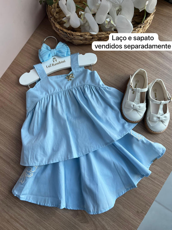 CONJUNTO BLUSA ALÇA PINGENTE DOURADO E SAIA FLOR BORDADA TRICOLINE MENINA CHARPEY