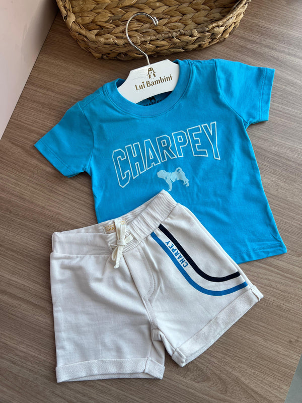 CONJUNTO CAMISETA MANGA CURTA CACHORRINHO E BERMUDA MOLETOM LISTRAS AJUSTE CORDÃO MENINO CHARPEY2