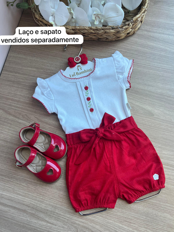 CONJUNTO BODY MANGA CURTA BABADO FLORES BORDADAS SHORT MAQUINETADO CINTO LAÇO MENINA ANJOS BABY
