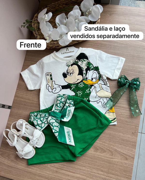 CONJUNTO BLUSA MANGA CURTA MINNIE E MARGARIDA DISNEY E SHORT FAIXA MENINA ANIME