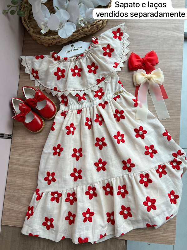 VESTIDO REGATA BABADO OMBRO A OMBRO FLOR BORDADO MENINA ANIME