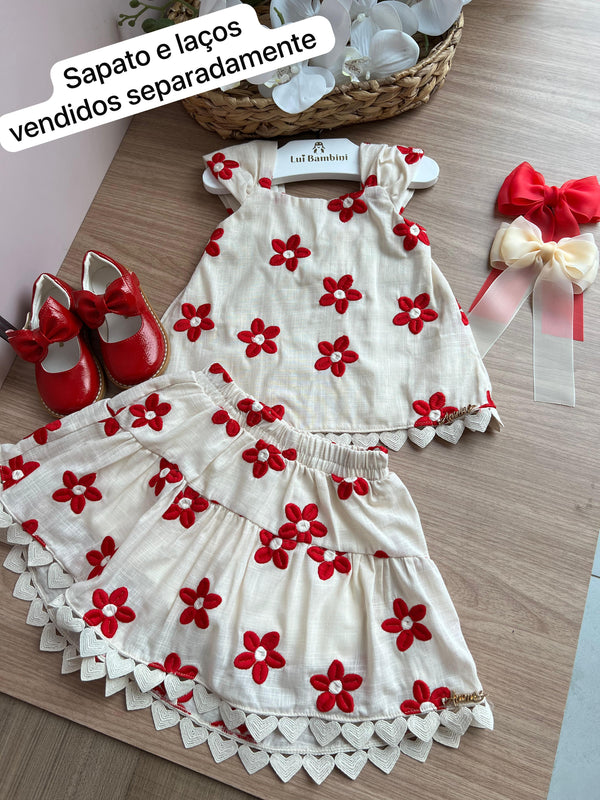 CONJUNTO BLUSA ALÇA FLOR BORDADA E SAIA RENDA MENINA ANIME