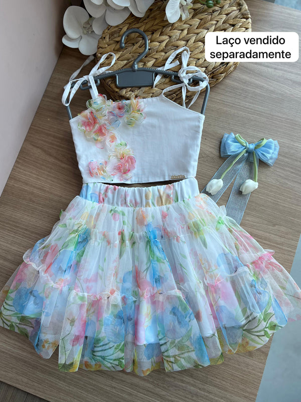 CONJUNTO BLUSA CROPPED ALÇA FINA AMARRAÇÃO FLORES CORES TULE E SAIA MENINA LULUZINHA