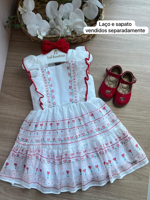 VESTIDO REGATA MANGA SOBREPOSTA BORDADA FLORES E CORAÇÕES BRILHO E FECHAMENTO NAS COSTAS MENINA MON SUCRÉ