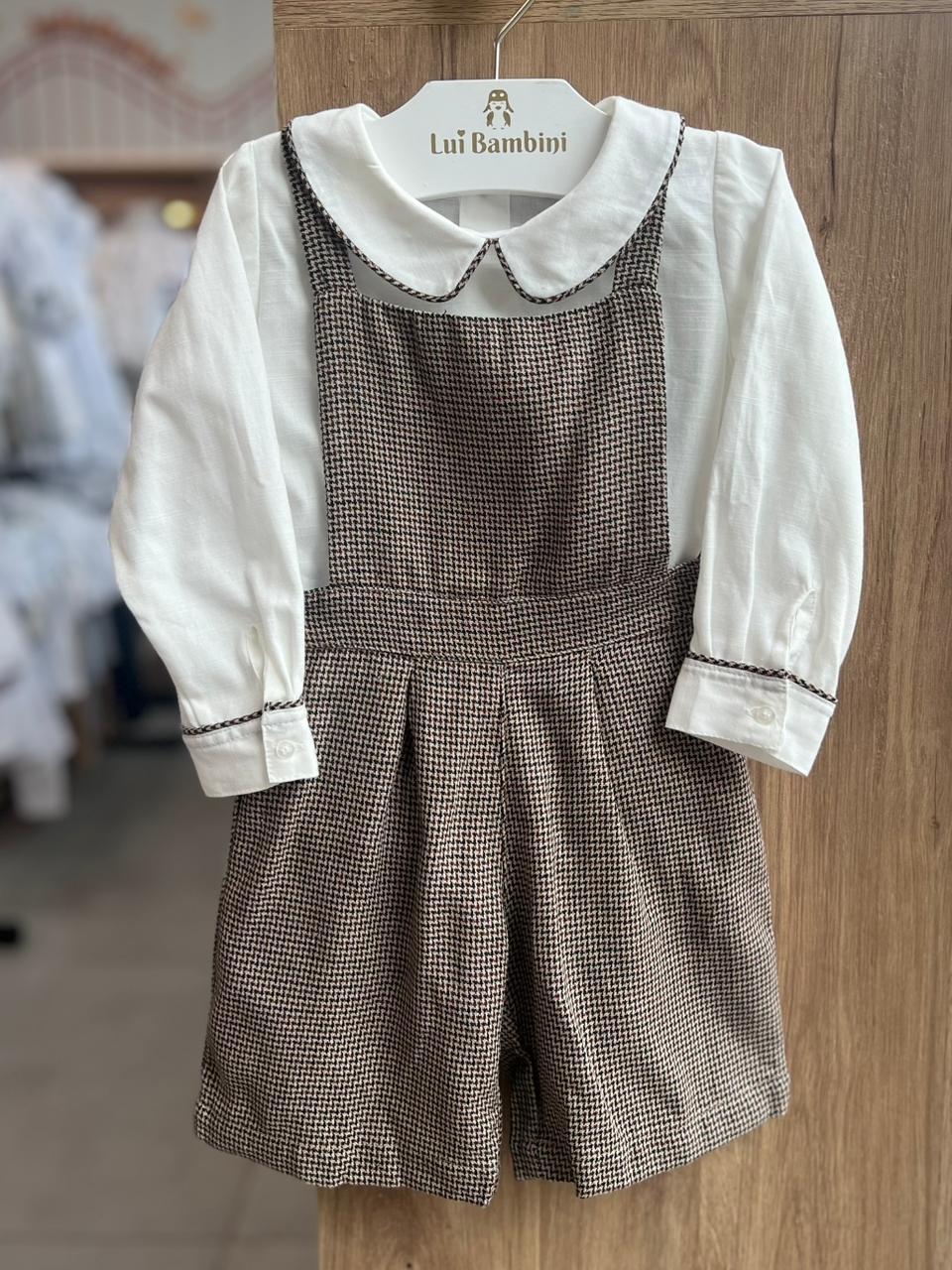 CONJUNTO BODY MANGA LONGA E JARDINEIRA LINHO PIED DE POULE MENINO BARBARA KIDS - OFF/MARROM