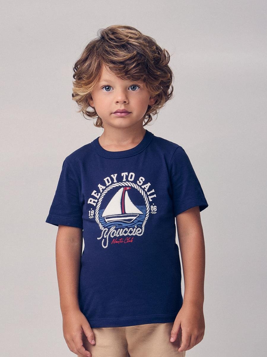 CONJUNTO CAMISETA MANGA CURTA BARCO A VELA E BERMUDA MENINO YOUCCIE - MARINHO/BEGE