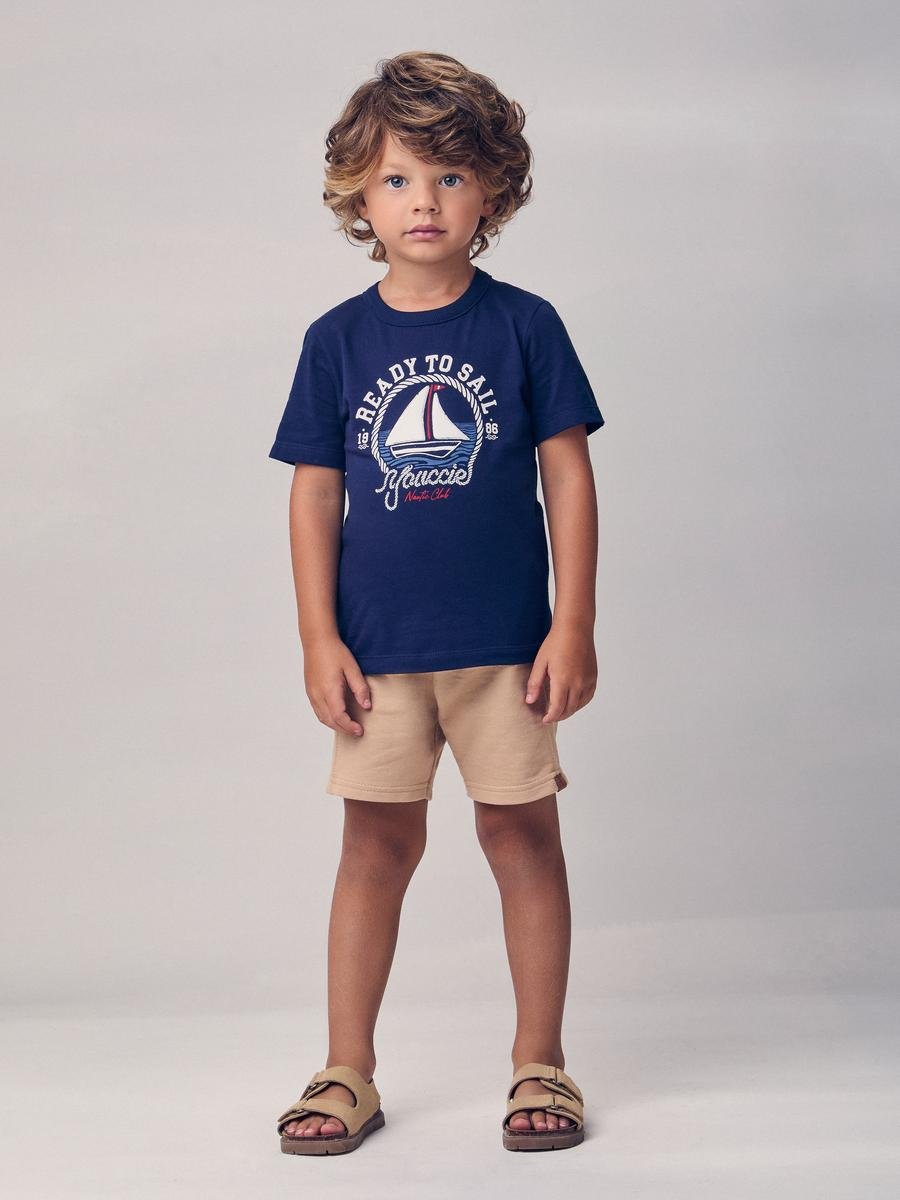 CONJUNTO CAMISETA MANGA CURTA BARCO A VELA E BERMUDA MENINO YOUCCIE - MARINHO/BEGE