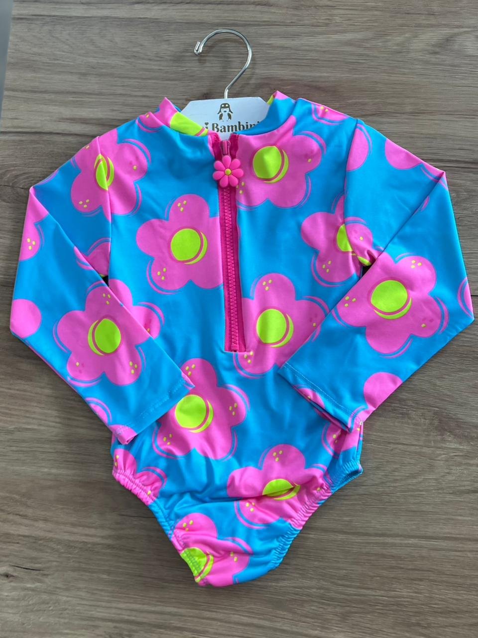 MAIÔ MANGA LONGA ZÍPER FLORES PROTEÇÃO UV50+ MENINA LUI BAMBINI - ROSA/AZUL