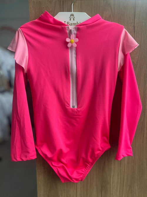 MAIÔ MANGA LONGA ZÍPER FLORES PROTEÇÃO UV50+ MENINA LUI BAMBINI - ROSA