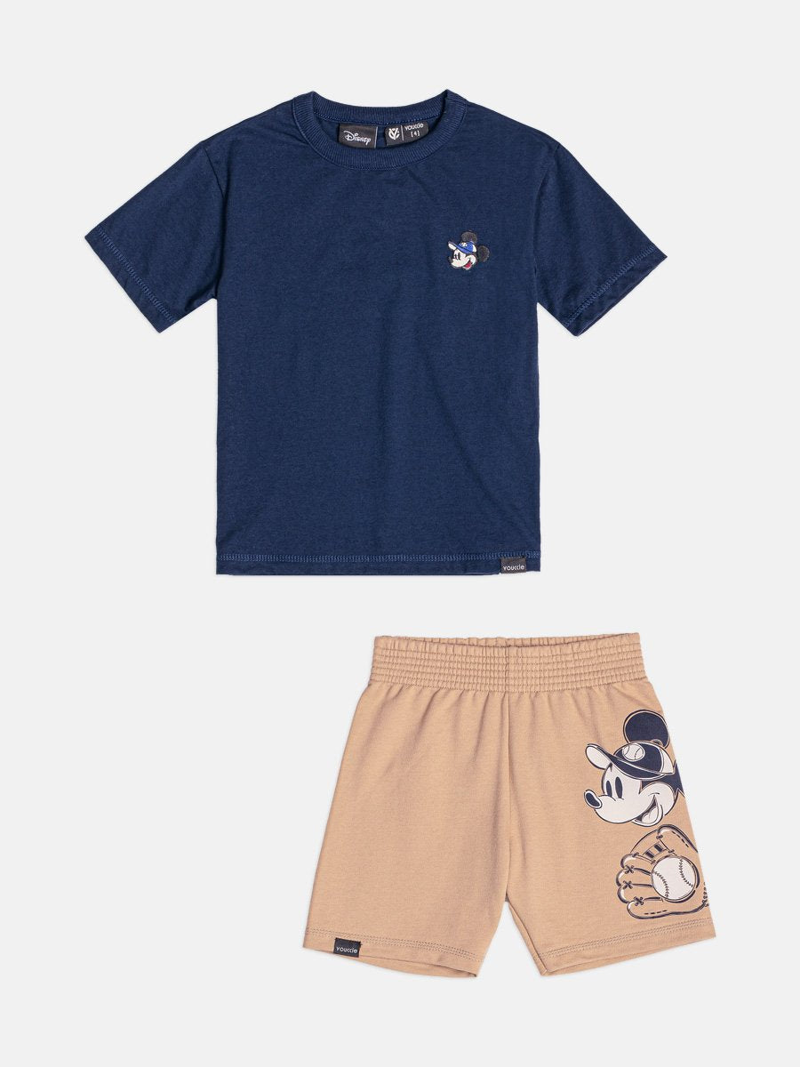 CONJUNTO CAMISETA MANGA CURTA PATCH MICKEY BEISEBOL E BERMUDA MENINO YOUCCIE - MARINHO/BEGE