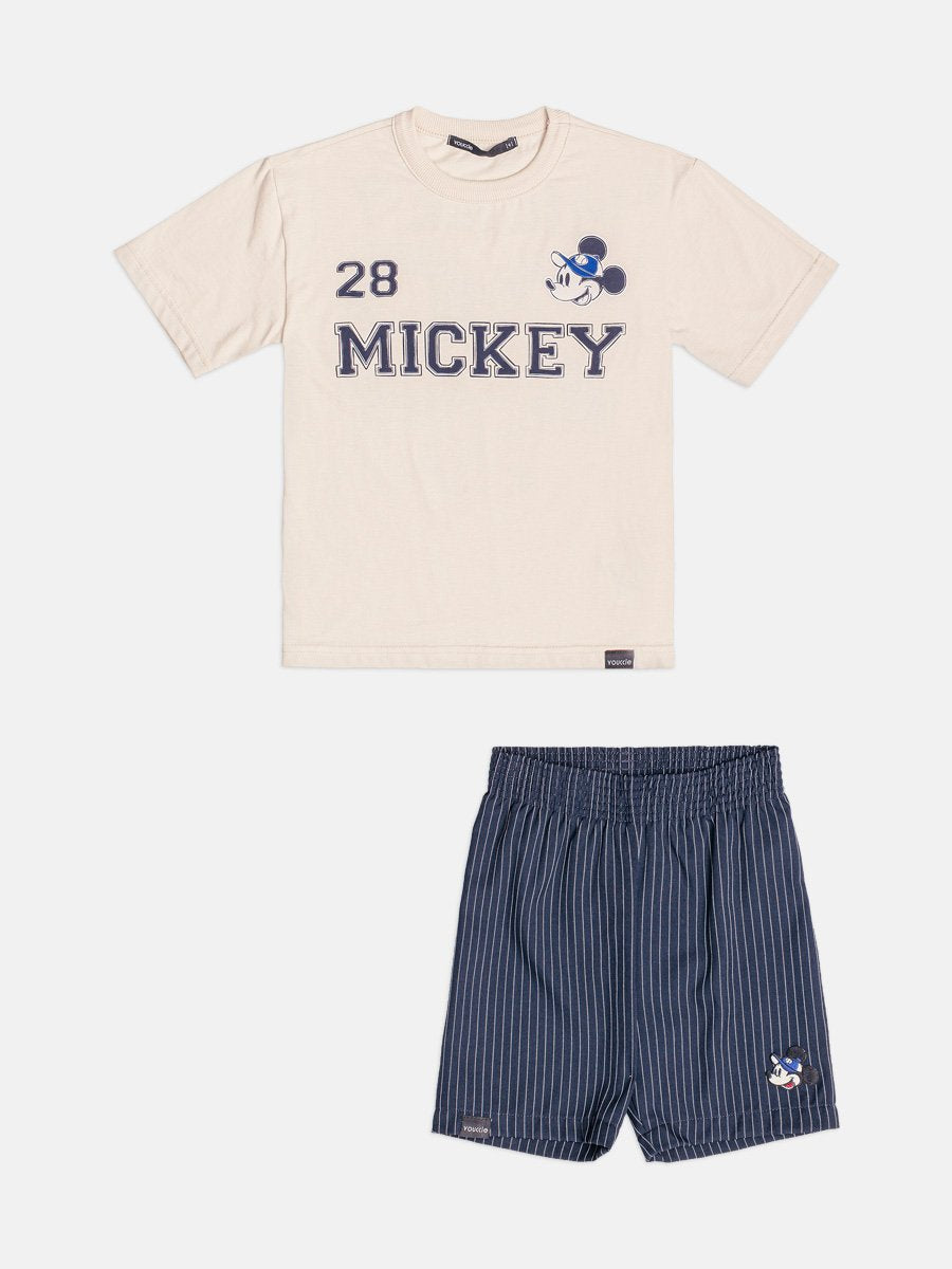 CONJUNTO CAMISETA MANGA CURTA MICKEY MOUSE BEISEBOL E BERMUDA MENINO YOUCCIE - BEGE/MARINHO