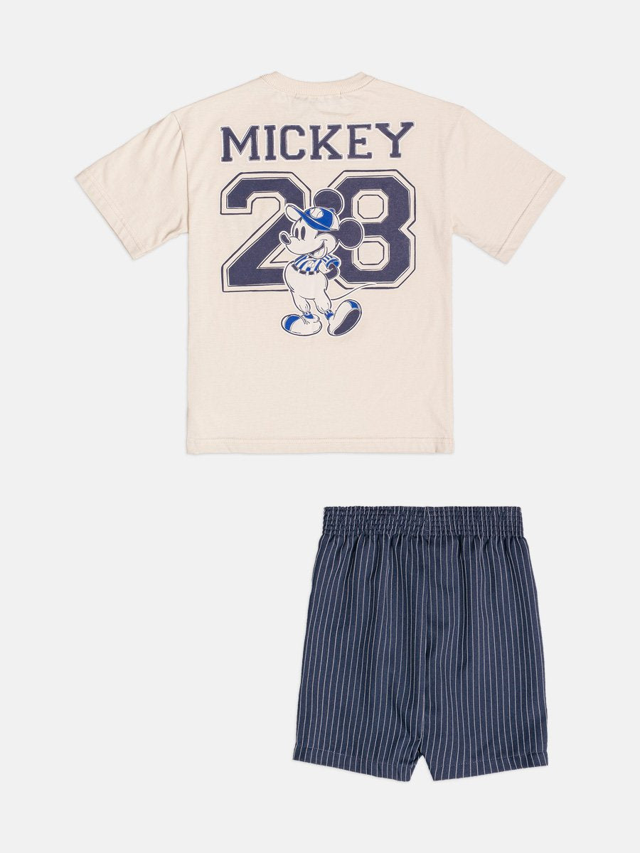 CONJUNTO CAMISETA MANGA CURTA MICKEY MOUSE BEISEBOL E BERMUDA MENINO YOUCCIE - BEGE/MARINHO