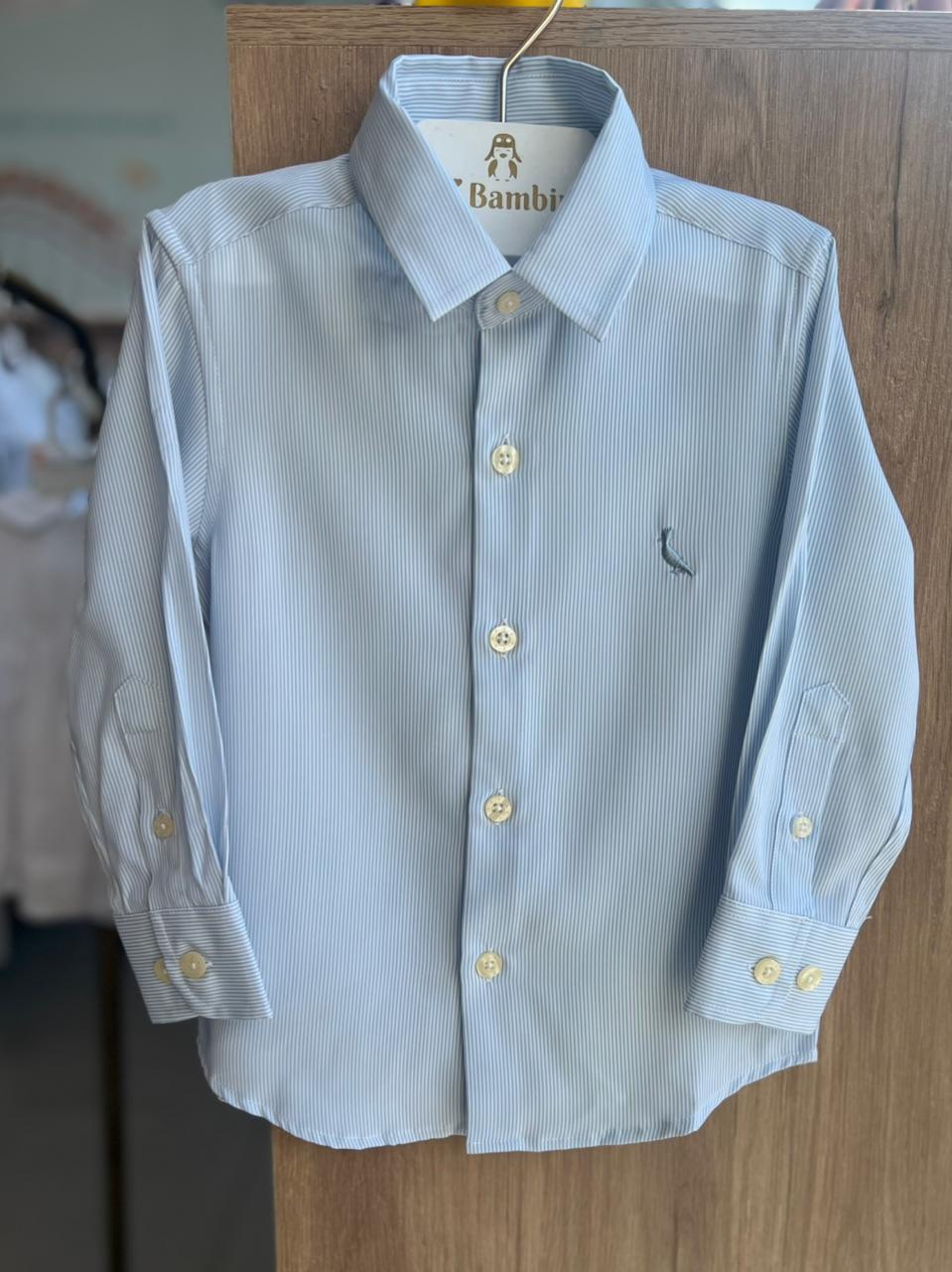 CAMISA MANGA LONGA SOCIAL LISTRADO BOTÕES MINIMALISTA PICA PAU BORDADO MENINO RESERVA MINI - AZUL CLARO