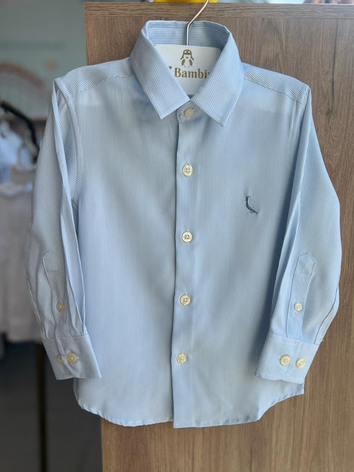 CAMISA MANGA LONGA SOCIAL LISTRADO BOTÕES MINIMALISTA PICA PAU BORDADO MENINO RESERVA MINI - AZUL CLARO