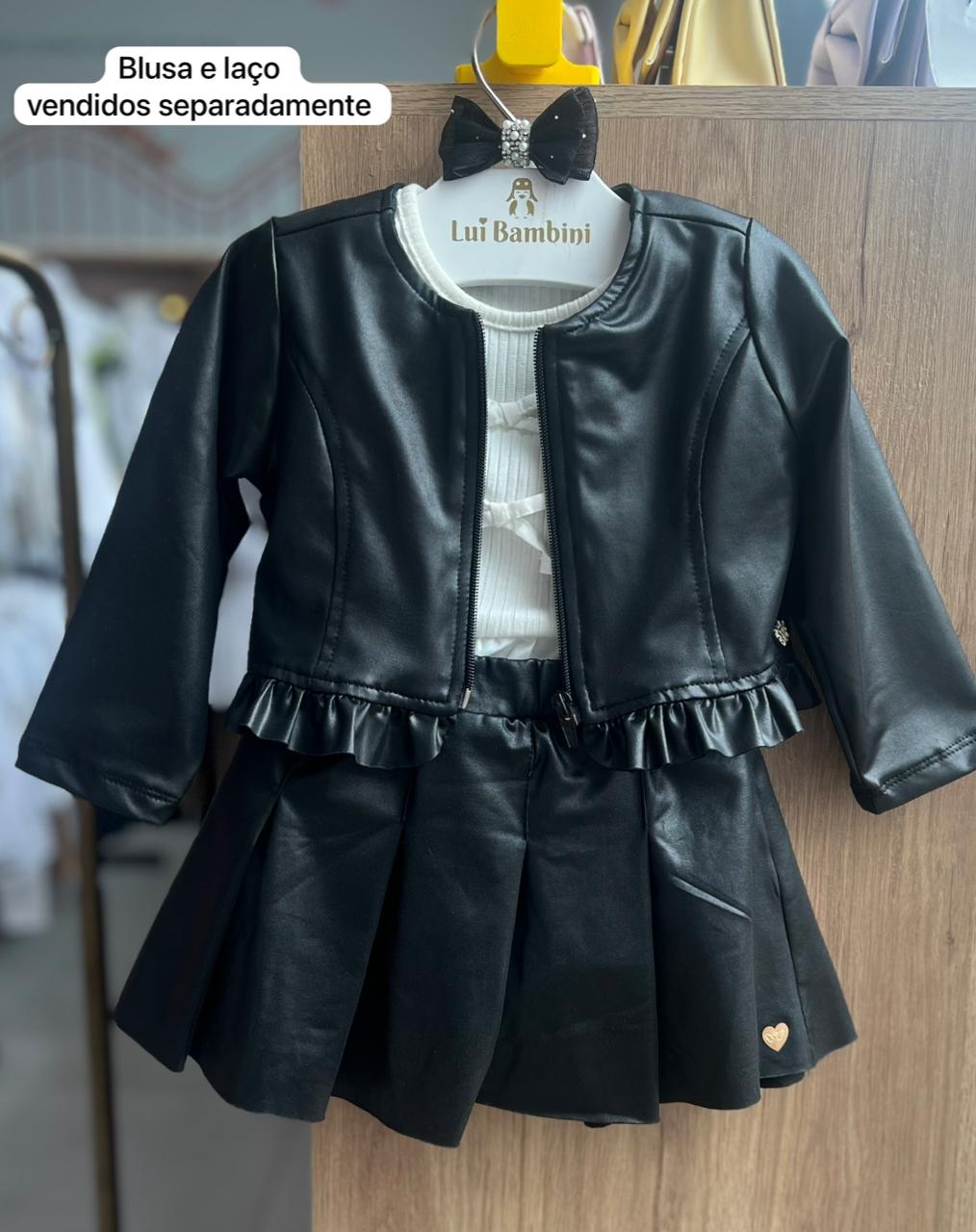 CONJUNTO JAQUETA MANGA LONGA ZÍPER PINGENTE CIRRE E SAIA MENINA ANJOS BABY - PRETO