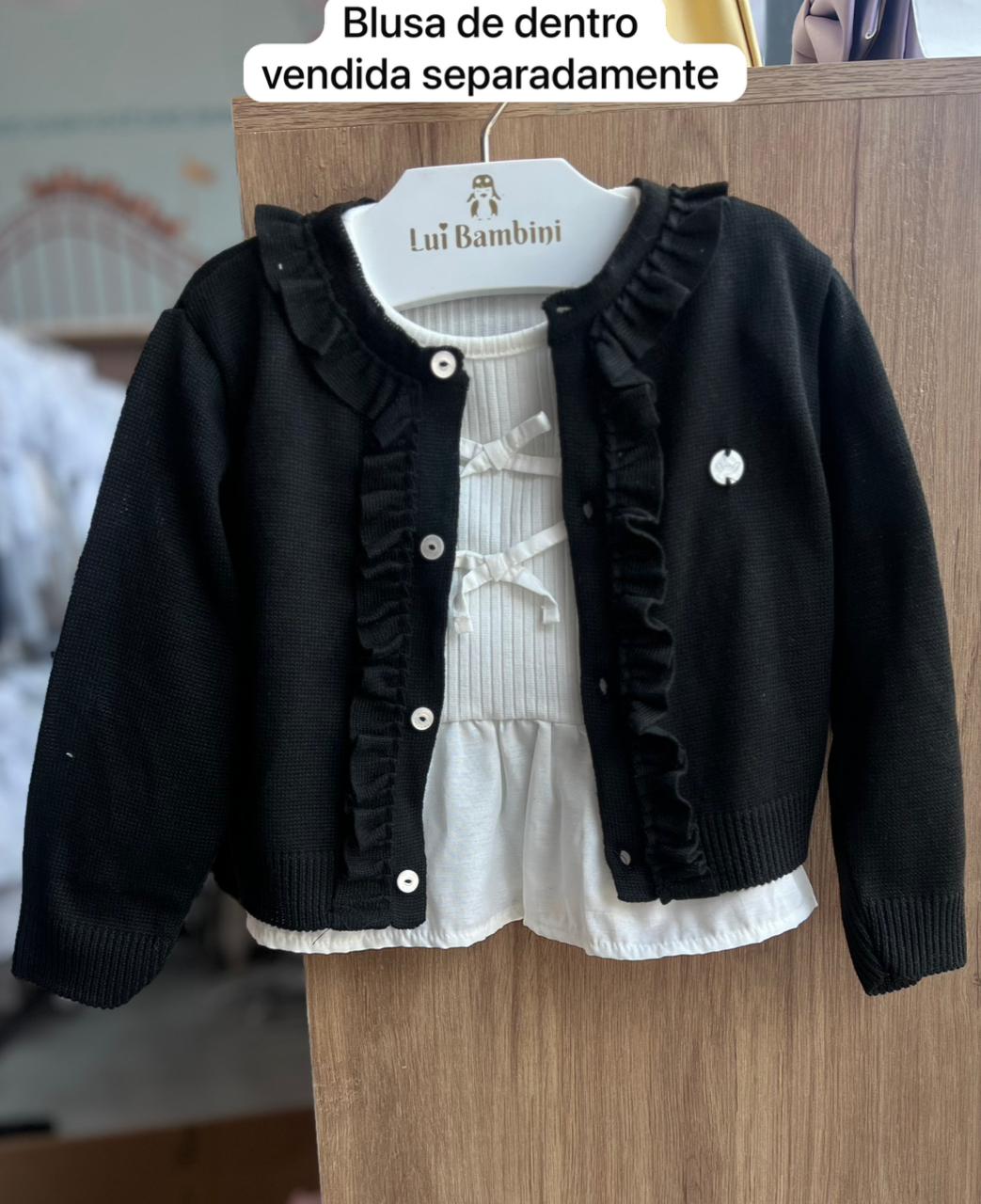 CASACO MANGA LONGA BOTÕES TRICOT TRICO BABADO MENINA ANJOS BABY - PRETO