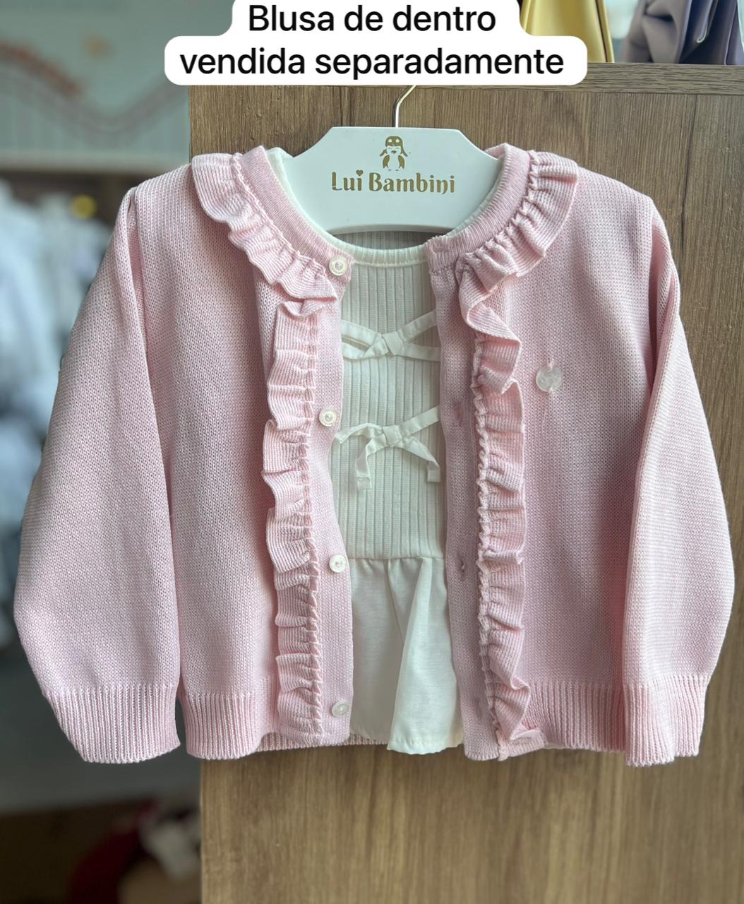 CASACO MANGA LONGA BOTÕES TRICOT TRICO BABADO MENINA ANJOS BABY - ROSA