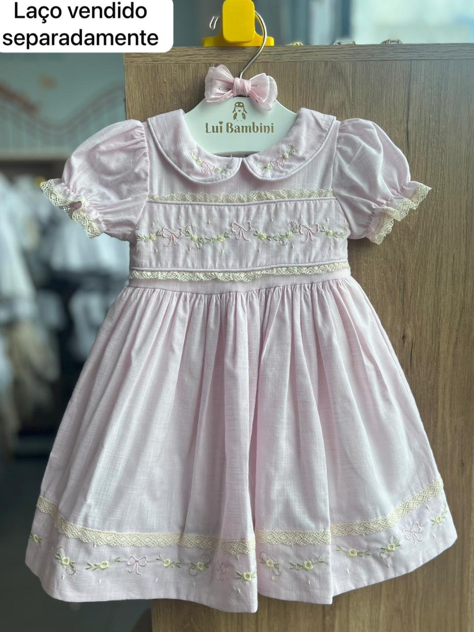 VESTIDO MANGA CURTA BORDADO PÉROLAS LAÇO BABADO RENDA JARDIM MENINA BARBARA KIDS - ROSA CLARO