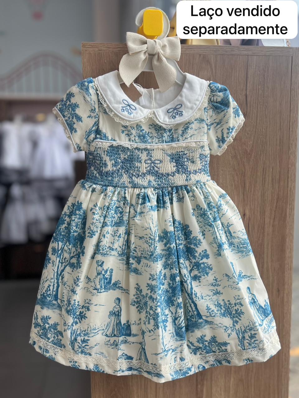 VESTIDO MANGA CURTA CASINHA DE ABELHA FRANÇA BABADO RENDA BORDADO LAÇO GOLA MENINA BARBARA KIDS - AZUL