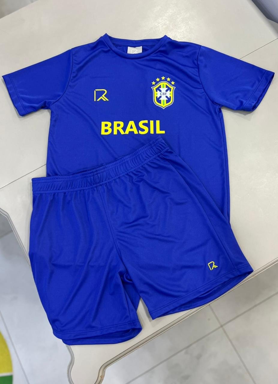 CONJUNTO CAMISETA MANGA CURTA CBF BRASIL PENTA SPORTING DRY FIT E BERMUDA MENINO RICHES - AZUL