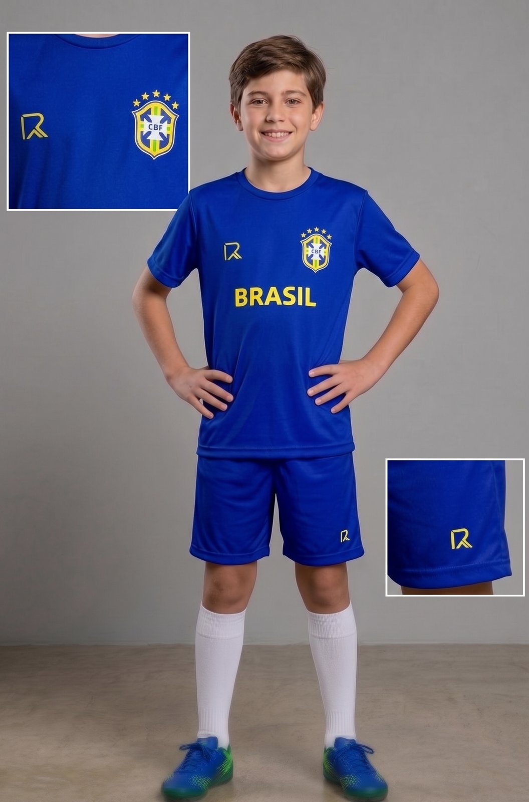 CONJUNTO CAMISETA MANGA CURTA CBF BRASIL PENTA SPORTING DRY FIT E BERMUDA MENINO RICHES - AZUL