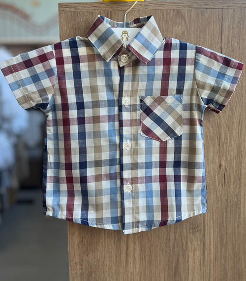 CAMISA MANGA CURTA BOLSO XADREZ BOTÕES MENINO LUI BAMBINI - AZUL/BEGE