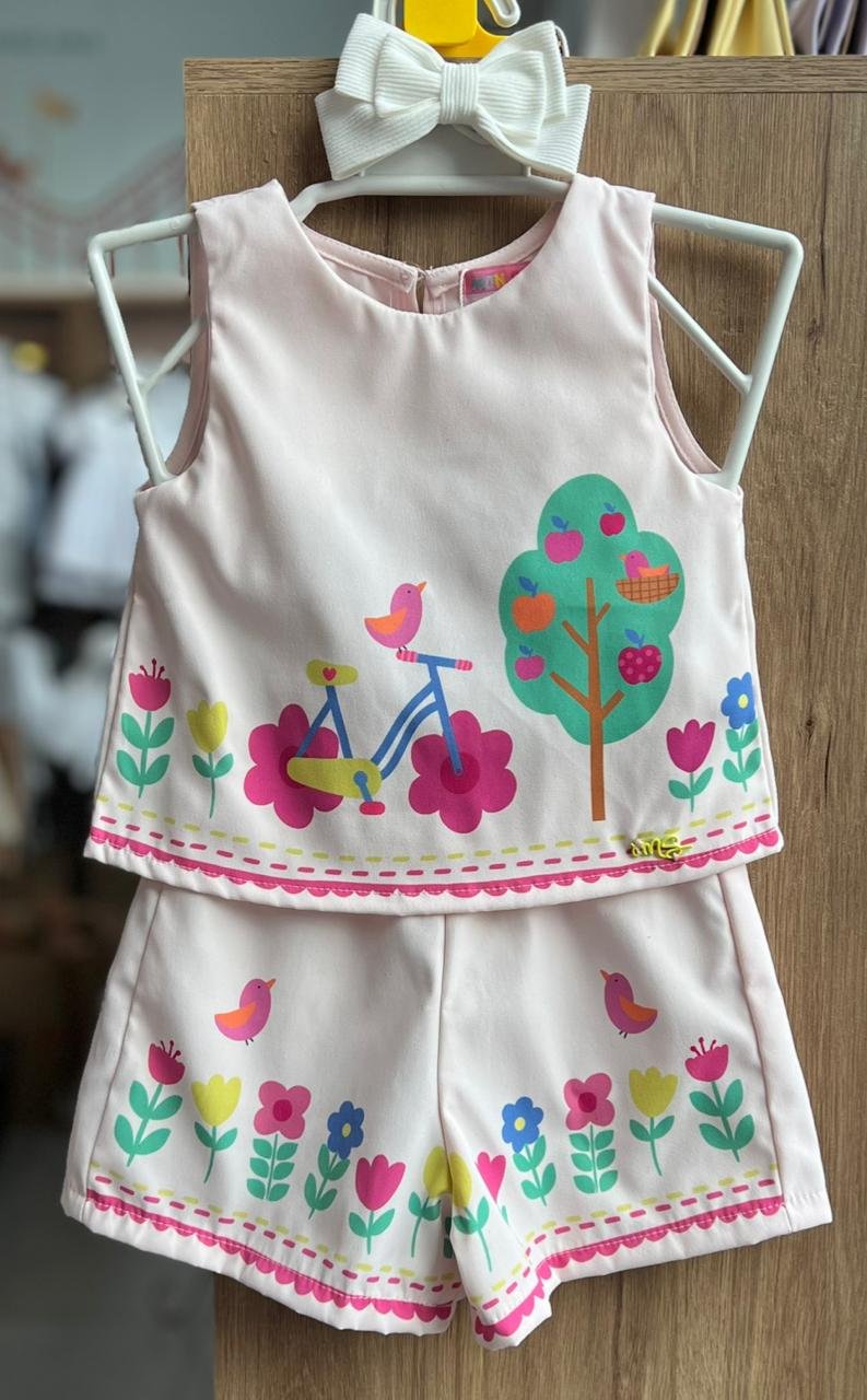 CONJUNTO BLUSA REGATA JARDIM PASSAROS ARVORES E SHORT MENINA MON SUCRÉ - ROSA CLARO