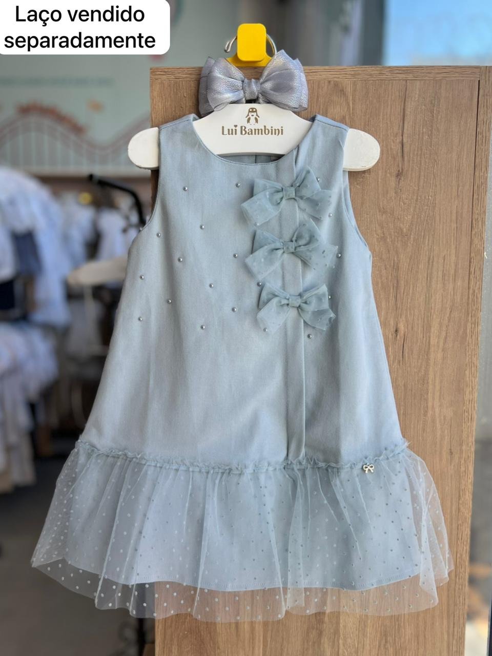 VESTIDO REGATA PÉROLAS LAÇOS TRIPLO POA ZÍPER MENINA PETIT CHERIE - AZUL