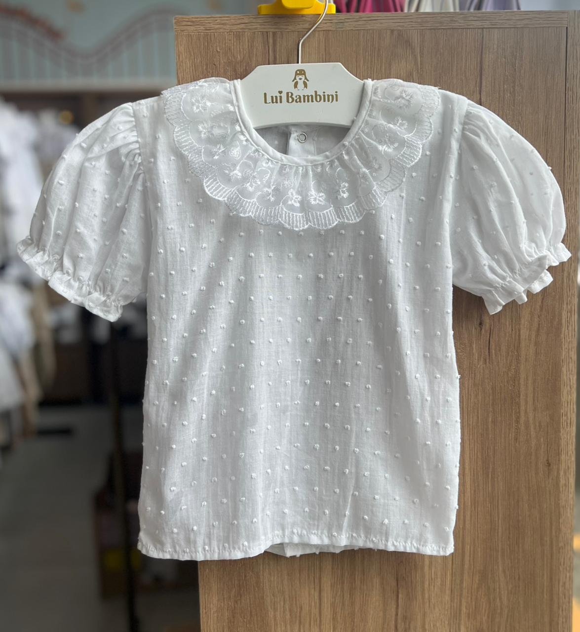 BLUSA MANGA CURTA PIPOQUINHA BATIZADO GOLA FLORAL RENDADA MENINA LUI BAMBINI - BRANCO