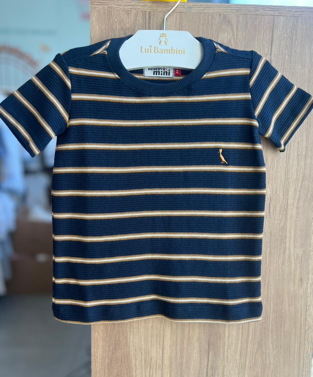 CAMISETA MANGA CURTA TEXTURA LISTRAS MINIMALISTA PIICA PAU BORDADO MENINO RESERVA MINI - MARINHO