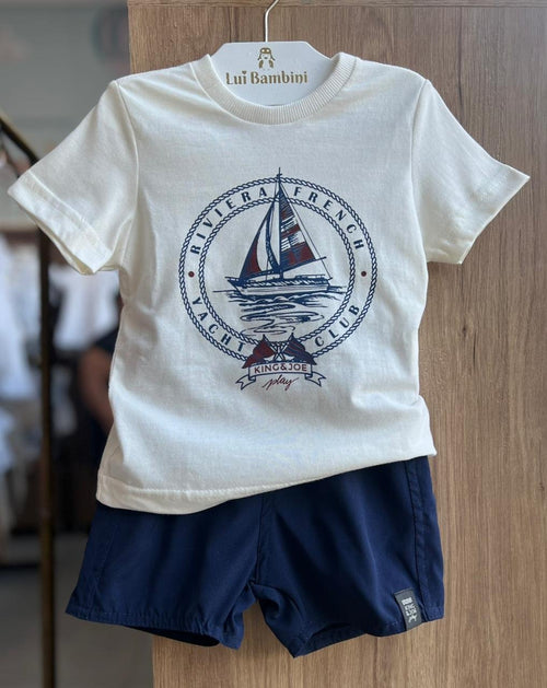 CONJUNTO CAMISETA MANGA CURTA BARCO VELEIRO E BERMUDA MENINO KING&JOE - OFF/MARINHO