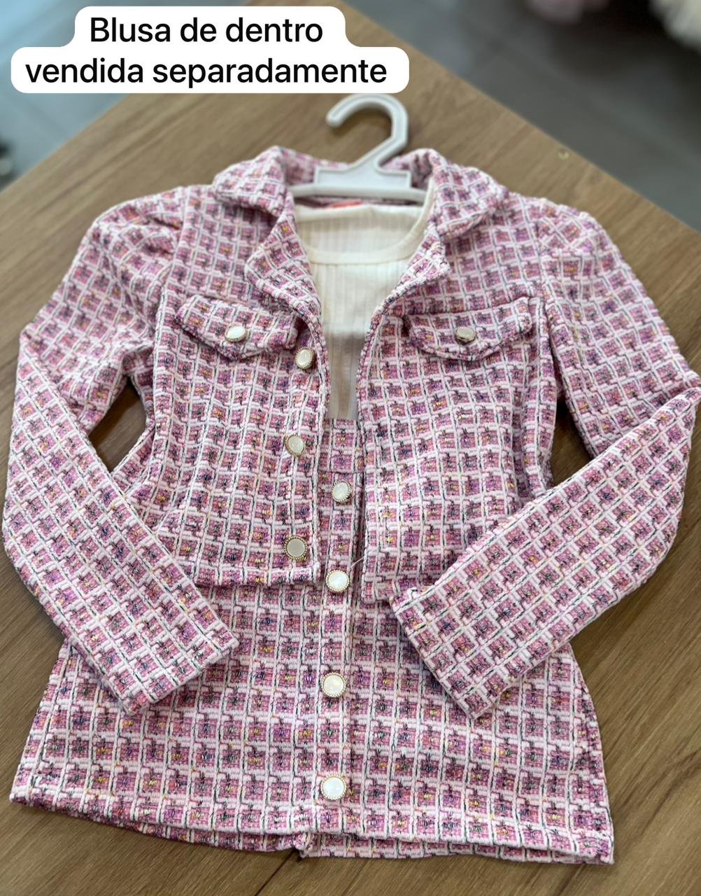 CONJUNTO JAQUETA MANGA LONGA TWEED XADREZ E SAIA MENINA LUI BAMBINI - ROSA CLARO