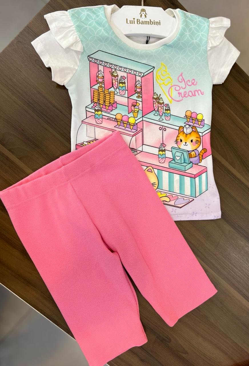 CONJUNTO BLUSA MANGA CURTA MILKSHAKE GATINHOS E SHORT CANELADO MENINA KUKIÊ - VERDE ÁGUA/ROSA