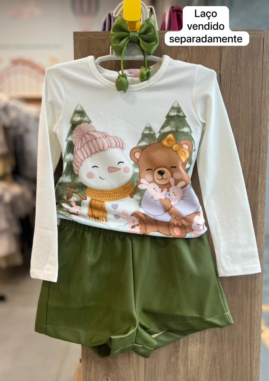CONJUNTO BLUSA MANGA LONGA PINHEIROS URSO BONECO DE NEVE E SHORT CIRRE MENINA KUKIÊ - OFF/VERDE