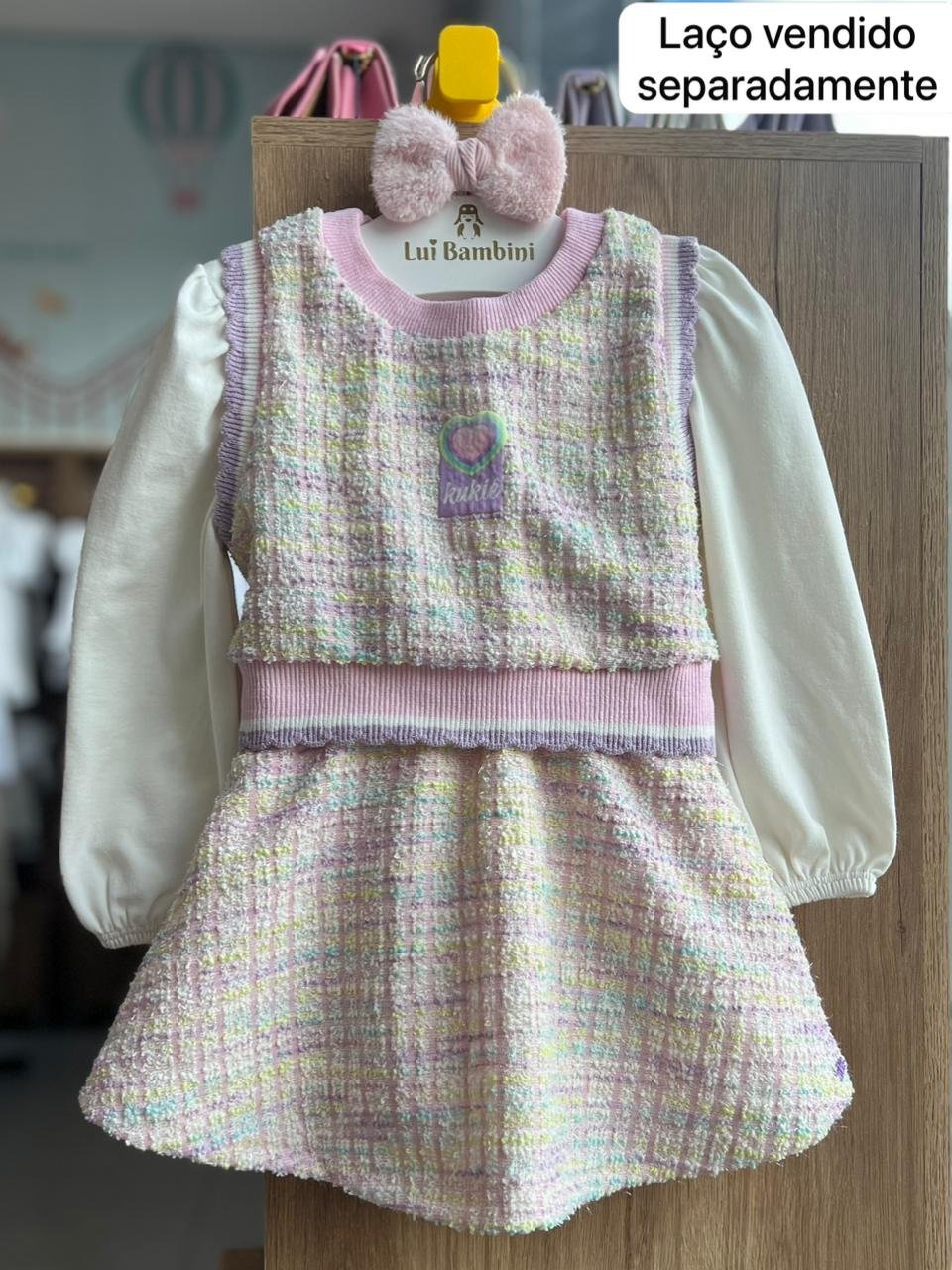 CONJUNTO BLUSA MANGA LONGA COLETE TWEED E SAIA MENINA KUKIÊ - OFF/ROSA