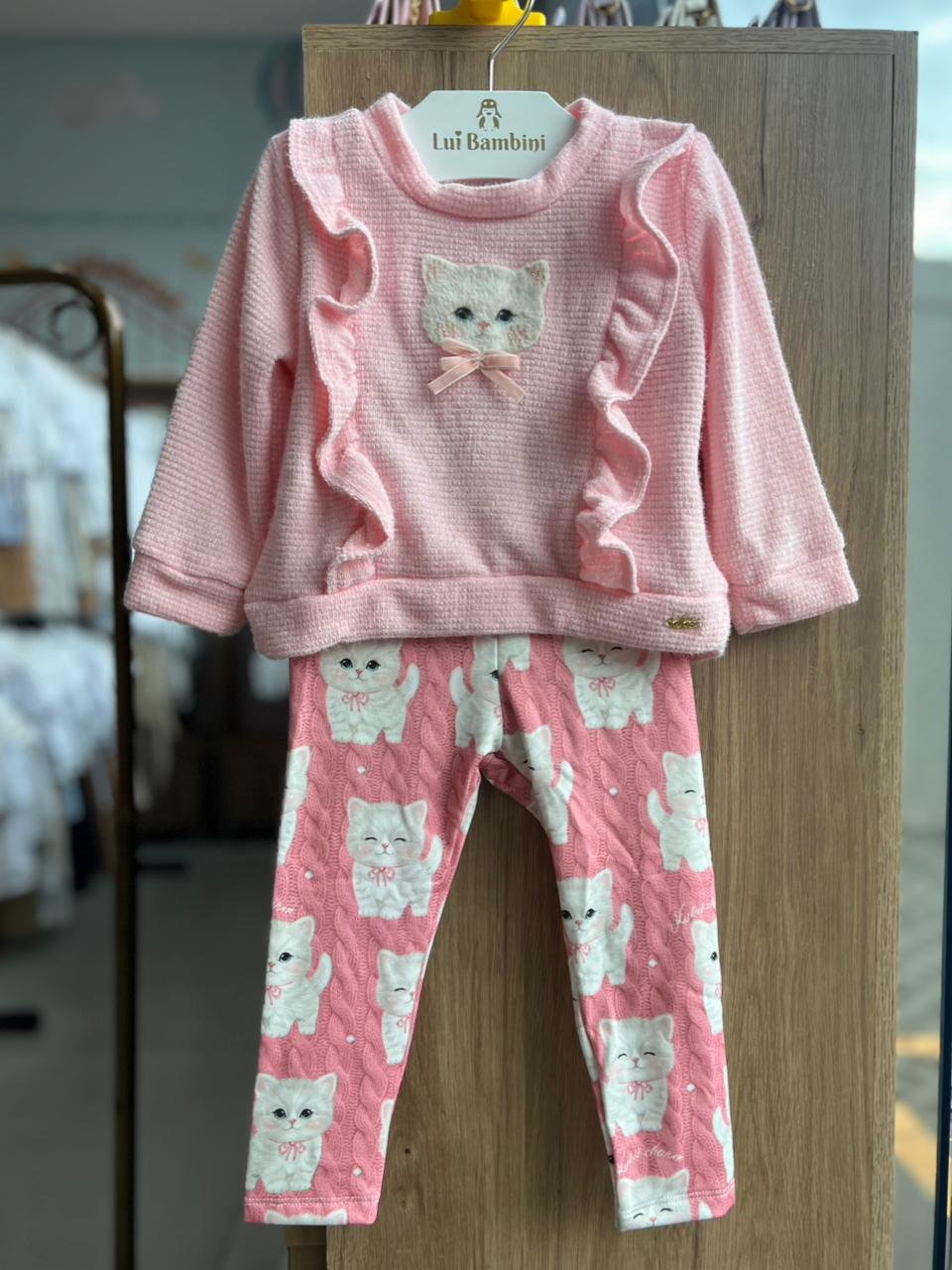 CONJUNTO BLUSÃO MANGA LONGA TRICO TRICOT GATINHO STRASS AVELUDADO E CALÇA LEGGING MENINA KUKIÊ - ROSA CLARO