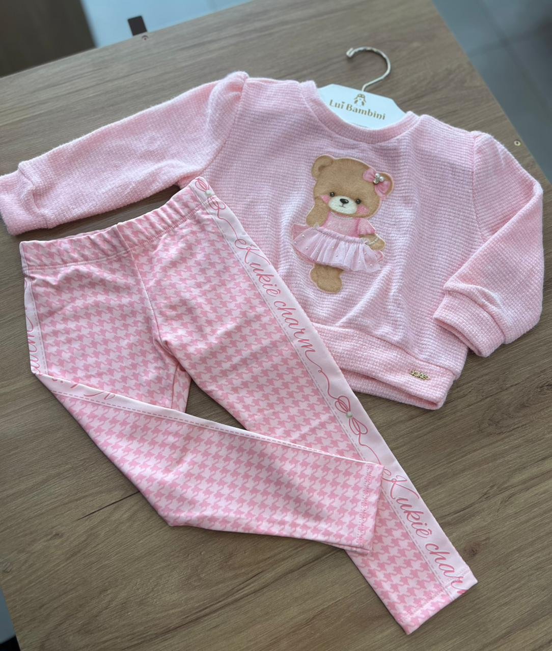 CONJUNTO BLUSÃO MANGA LONGA TRICO TRICOT URSO PÉROLAS TULE E CALÇA LEGGING MENINA KUKIÊ - ROSA