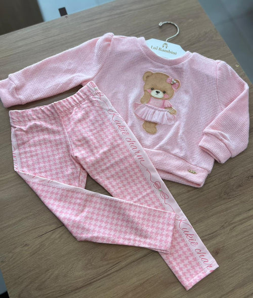 CONJUNTO BLUSÃO MANGA LONGA TRICO TRICOT URSO PÉROLAS TULE E CALÇA LEGGING MENINA KUKIÊ - ROSA